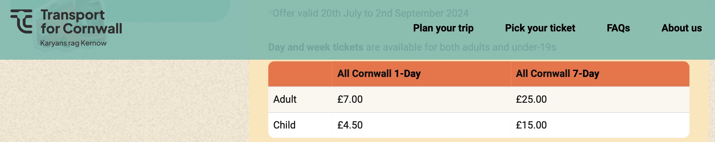 Cornwall by Bus ticket prices