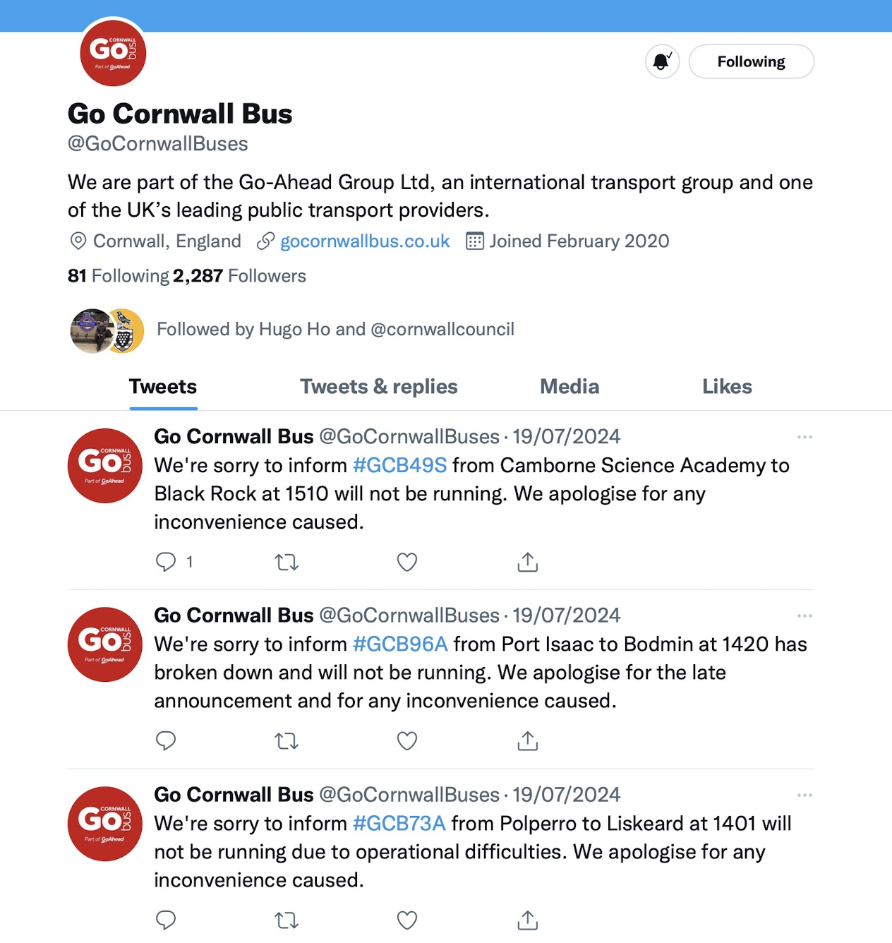 GCB Twitter feed 26 July